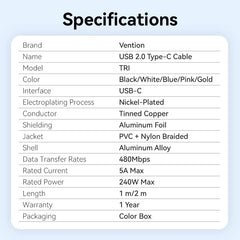 Vention USB 2.0 Type-C | TRIWF | Male to Type-C Male 5A Cable