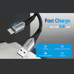 Cotton Braided USB 2.0 A Male to Micro-B Male 3A Cable Gray Aluminum Alloy Type | Fast Charging Speed