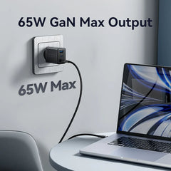Vention 3-Port USB (C+C+A) Turbo GaN Charger (65W/65W/60W) EU-Plug | GaN-III | FERB0-EU