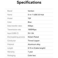 Vention USB 3.0 to USB 3.0 x 3/RJ45/USB-C Hub 0.15M Blue Aluminum Alloy TGFSB