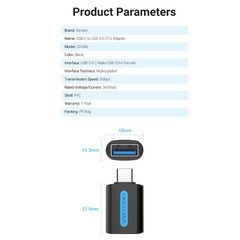 Vention USB-C Male to USB 3.0 Female OTG Adapter Black PVC Type | CDUB0