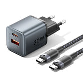 Vention 2-Port USB | TZ-FEWH0-EU | (C + A) GaN Charger (30W/18W) Gray with USB-C to USB-C Cable (1M)