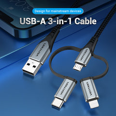 USB 2.0 A Male to 3-in-1 Micro-B&USB-C&Lightning Male Cable |MFi Certified | 1.5M | Gray Aluminum Alloy Type