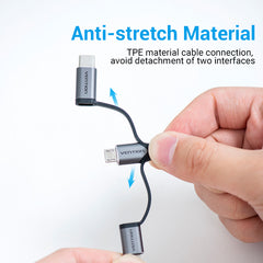 USB 2.0 A Male to 3-in-1 Micro-B&USB-C&Lightning Male Cable |MFi Certified | 1.5M | Gray Aluminum Alloy Type