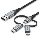 USB 2.0 A Male to 3-in-1 Micro-B&USB-C&Lightning Male Cable |MFi Certified | 1.5M | Gray Aluminum Alloy Type