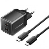 Vention 2-Port USB (C + C) GaN Charger (45W/45W) with 5A USB-C to USB-C Cable | TZ-FCFB0-EU (1M) EU-Plug Black |