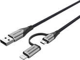 USB 2.0 A Male to 2-in-1 Micro-B&Lightning Male Cable | MFi Certified | 1M Gray Aluminum Alloy |CQHHF