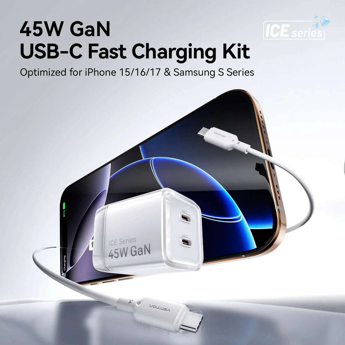 Vention 2-Port USB (C + C) GaN Charger (45W/45W) with 5A USB-C to USB-C Cable | TZ-FCFB0-EU (1M) EU-Plug Black |