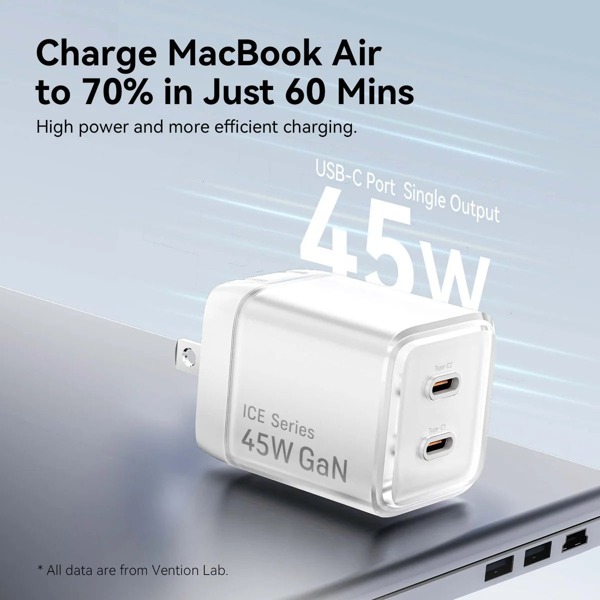 Vention 2-Port USB (C + C) GaN Charger (45W/45W) with 5A USB-C to USB-C Cable | TZ-FCFB0-EU (1M) EU-Plug Black |