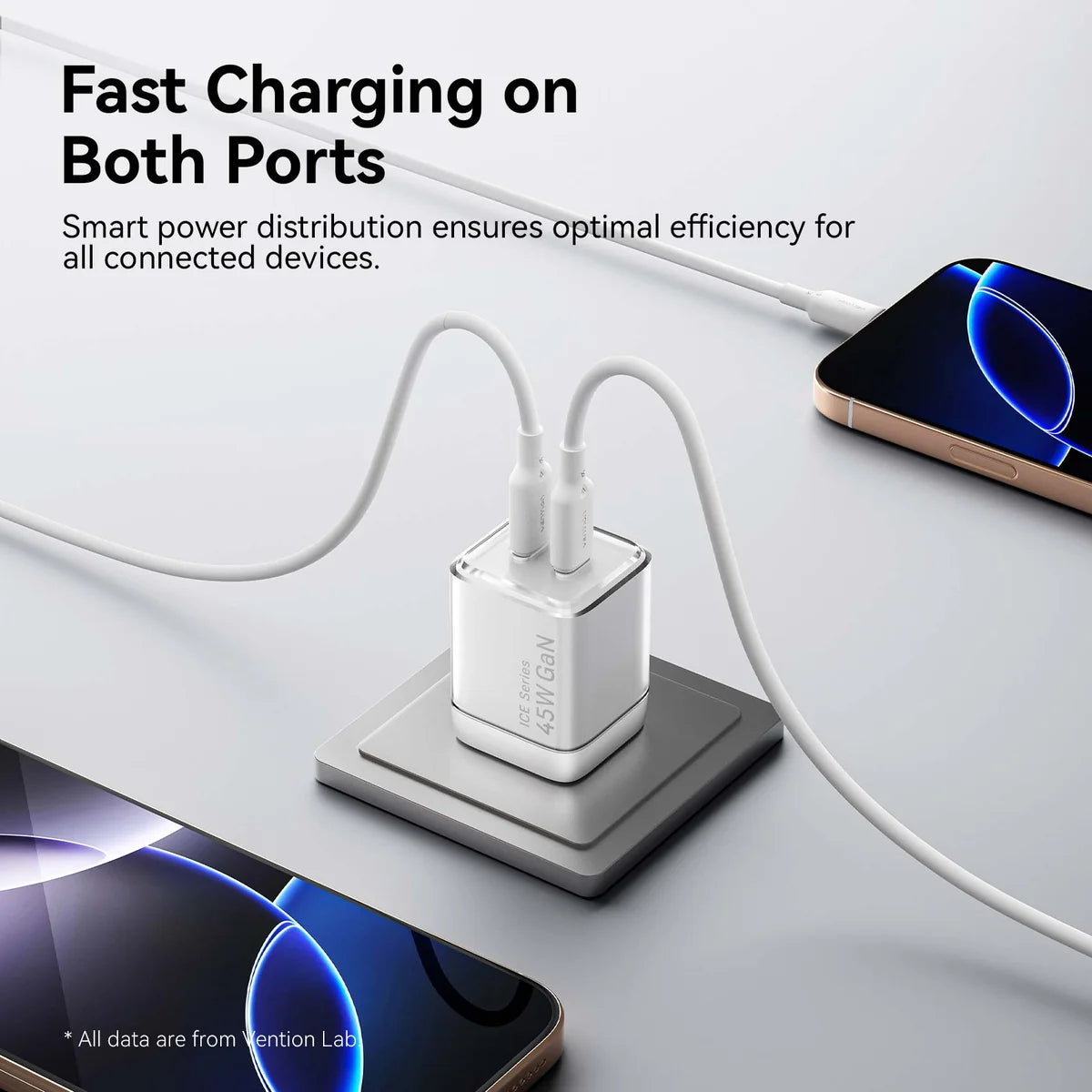 Vention 2-Port USB (C + C) GaN Charger (45W/45W) with 5A USB-C to USB-C Cable | TZ-FCFB0-EU (1M) EU-Plug Black |