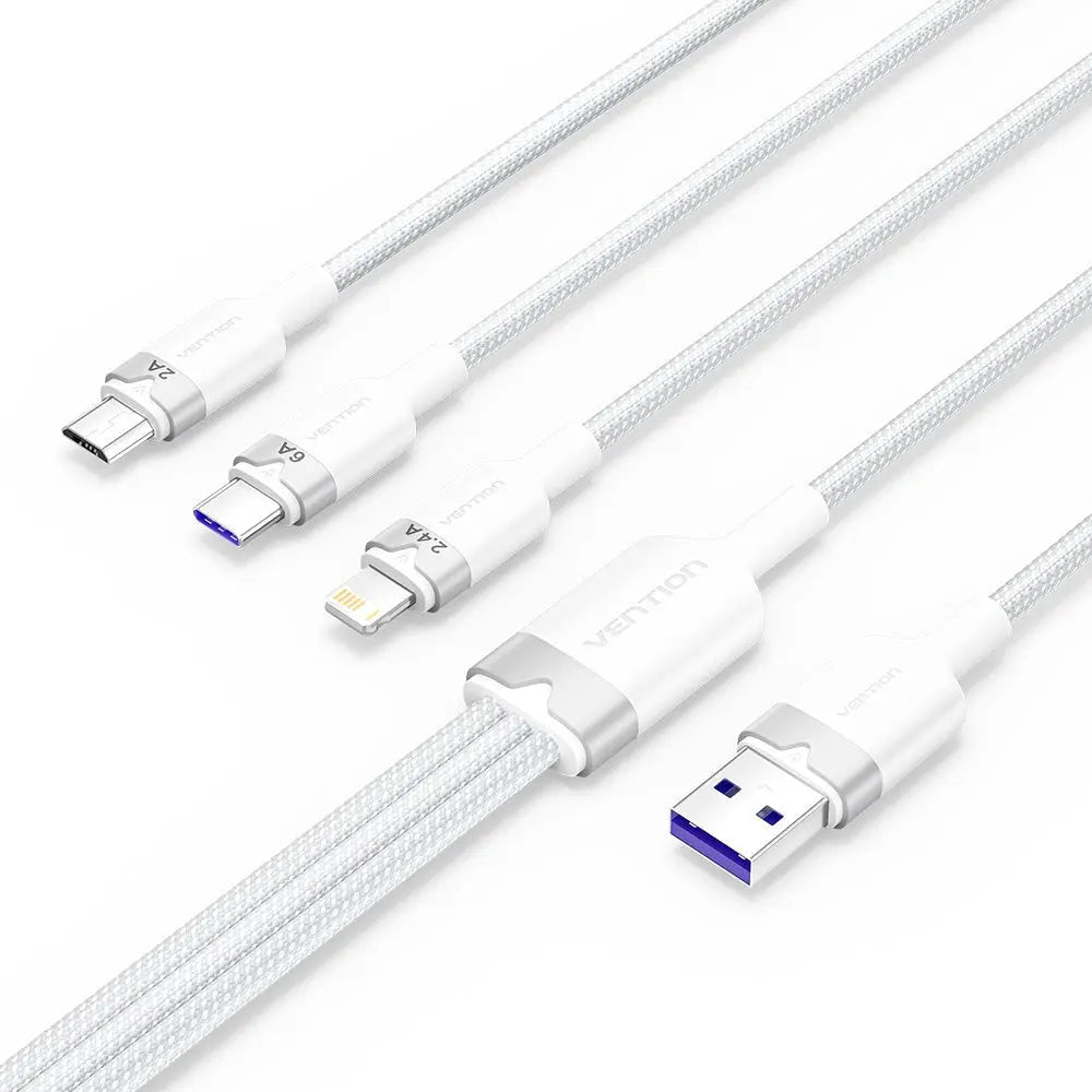 Vention USB 2.0 A Male to 3-in-1 USB-C & Lightning & Micro-B Male 6A Cable 1.5M White Aluminum Alloy Type | CTRWG