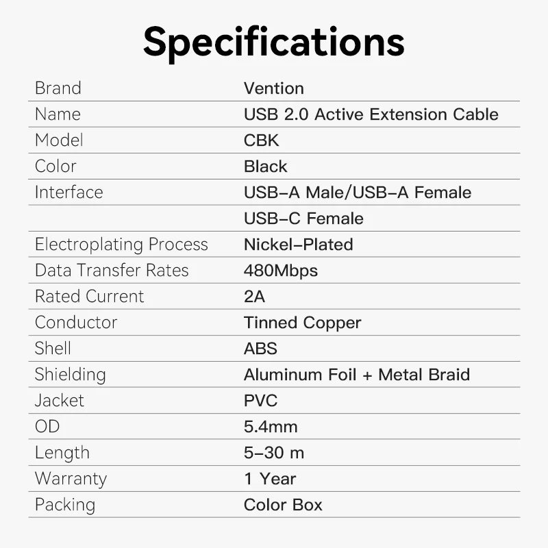 USB 2.0 Type-A Male to Type-A Female Active Extension Cable | Black | CBK