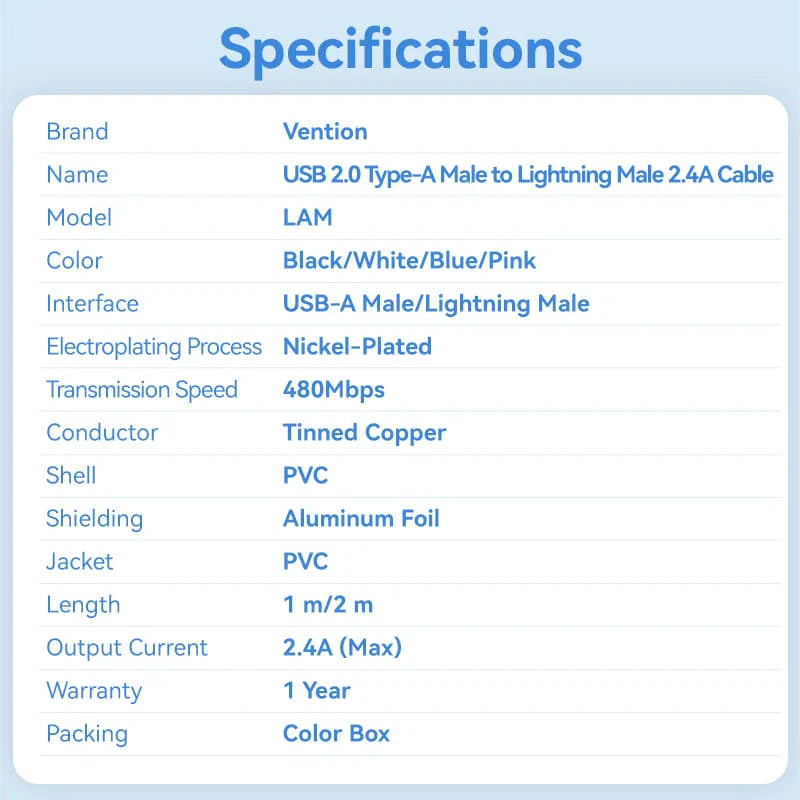 Vention USB 2.0 Type-A Male to Lightning Male 2.4A Cable PVC Type | LAMWF