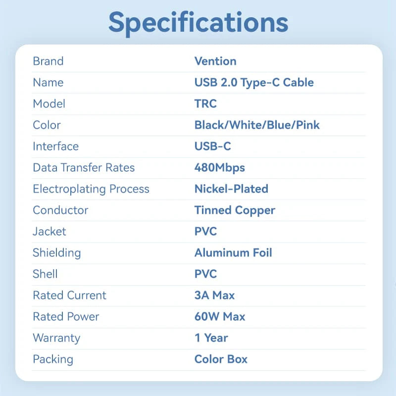 Vention USB 2.0 Type-C Male to Type-C Male 3A Cable | 2M | TRCWH