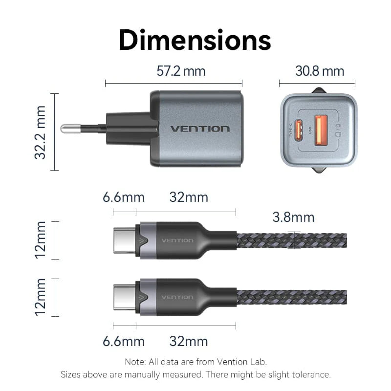 Vention 2-Port USB | TZ-FEWH0-EU | (C + A) GaN Charger (30W/18W) Gray with USB-C to USB-C Cable (1M)