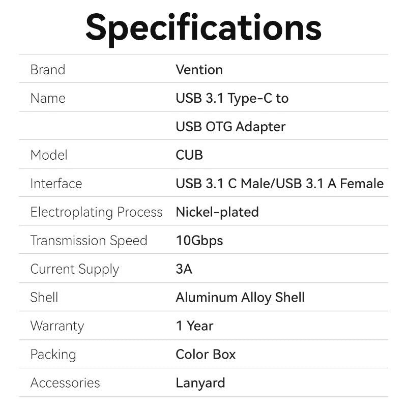 Vention USB 3.1 Type-C Male to USB Female OTG Adapter with Lanyard Gray Aluminum Alloy Type | CUBH0