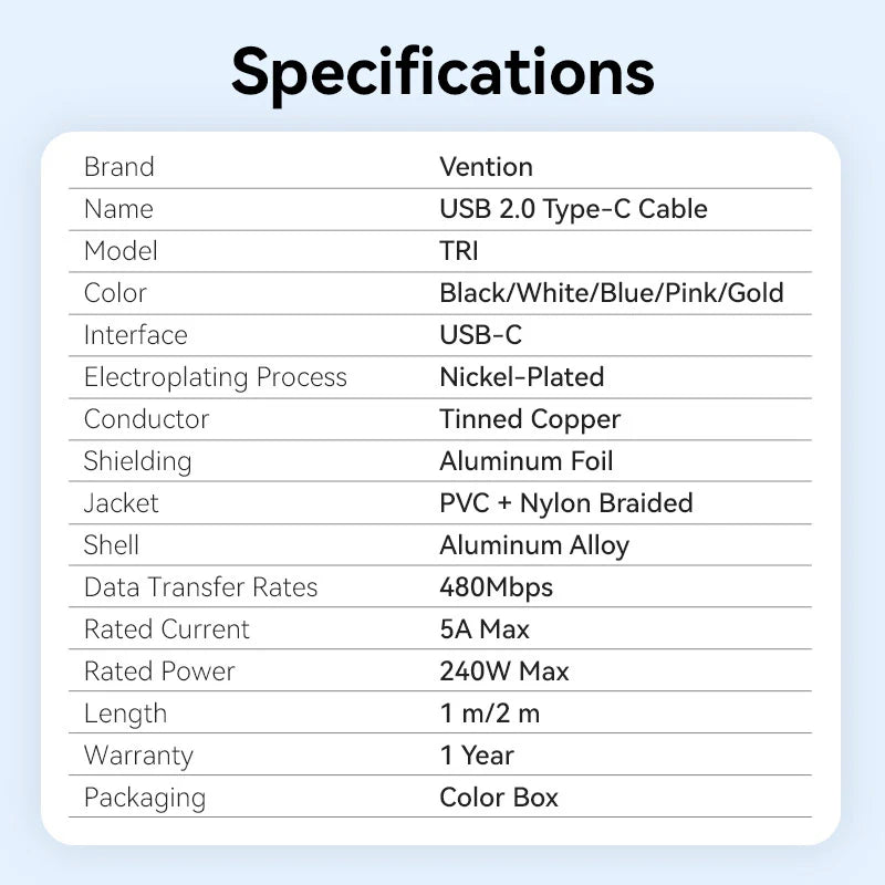 Vention USB 2.0 Type-C | TRIJF | Male to Type-C Male 5A Cable