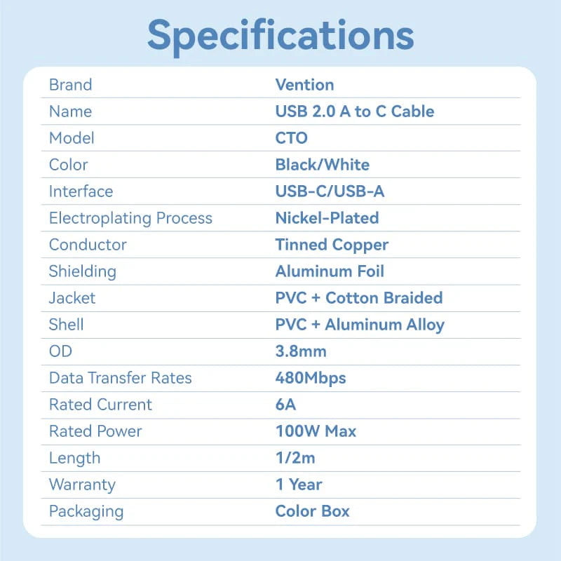 Vention USB 2.0 A Male to C Male | CTOWF Cable | 6A Output | 1M