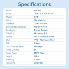 Vention USB 2.0 A Male to C Male | CTOWF Cable | 6A Output | 1M