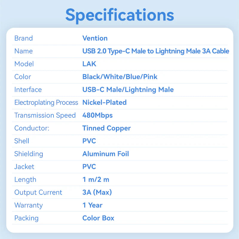 Vention USB 2.0 Type-C Male to Lightning Male 3A Cable PVC Type | LAKBF | LAKWF