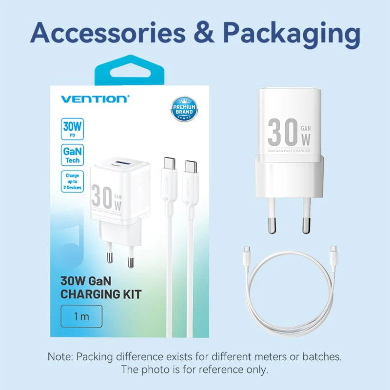 Vention 2-Port USB (C+A) GaN Charger (30W/30W) with USB-C to USB-C Cable | 1M |