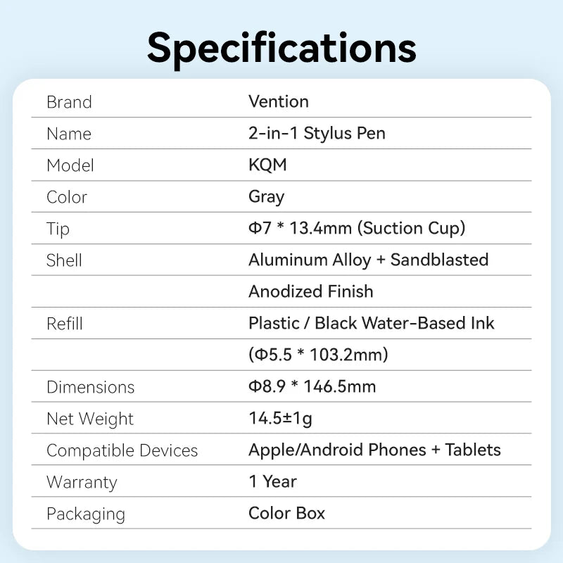 Vention 2-in-1 Stylus Pen Gray Aluminum Alloy Type | KQMH0