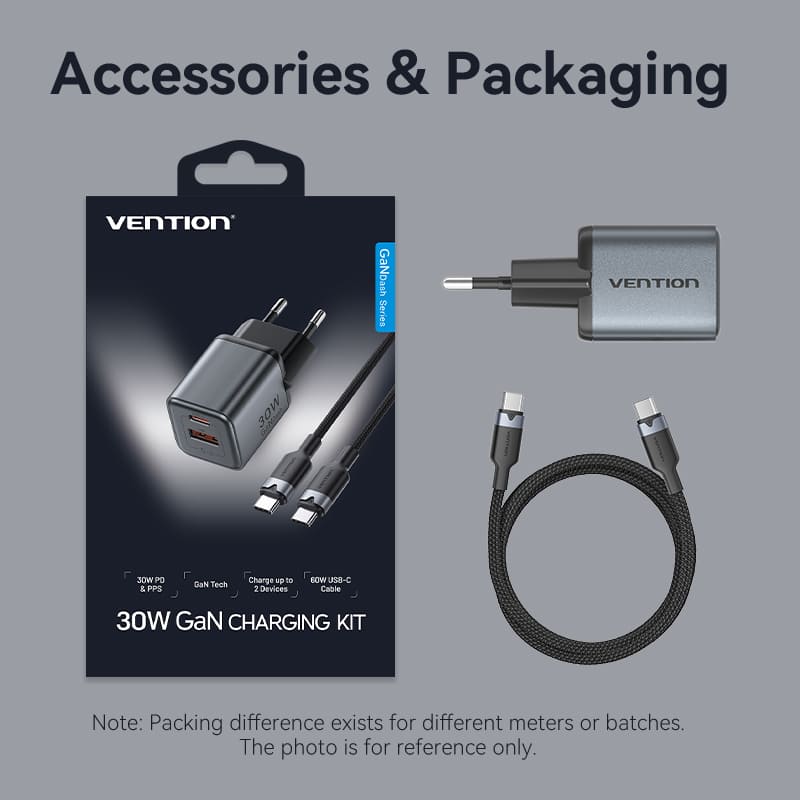 Vention 2-Port USB | TZ-FEWH0-EU | (C + A) GaN Charger (30W/18W) Gray with USB-C to USB-C Cable (1M)