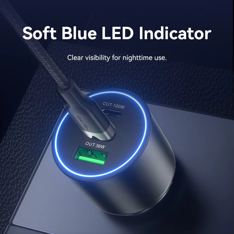 Vention Three-Port USB C+C+A (100W+65W+30W) Car Charger Black ABS Type