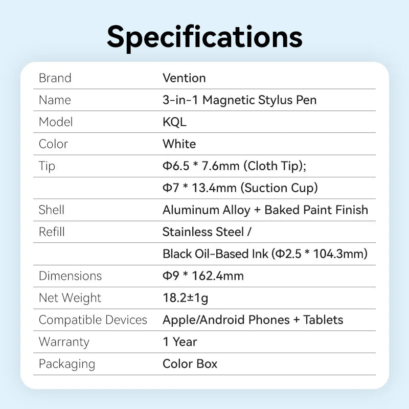 Vention 3-in-1 Magnetic Stylus Pen White Aluminum Alloy Type | KQLW0