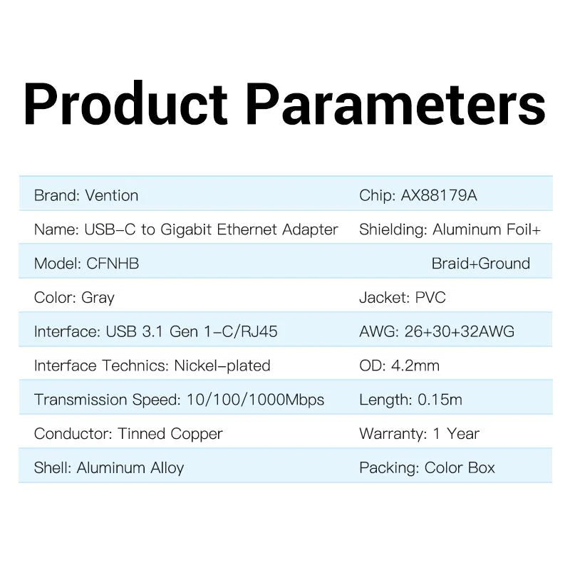 USB-C to Gigabit Ethernet Adapter 0.15M Gray Aluminum Alloy Type | USB 3.1 Gen 1-C/RJ45 Interface | CFNHB