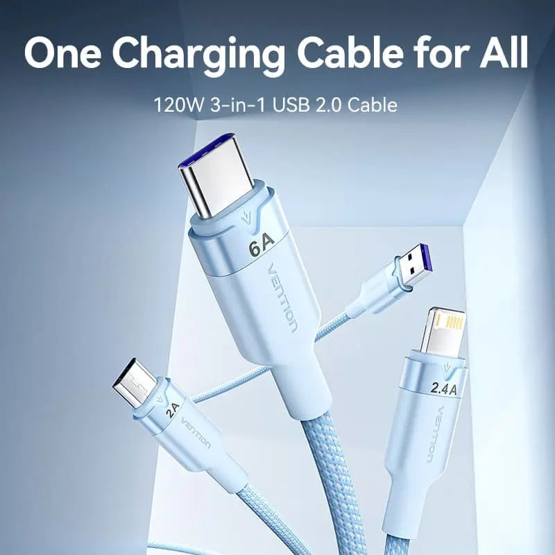 Vention USB 2.0 A Male to 3-in-1 USB-C & Lightning & Micro-B Male 6A Cable 1.5M White Aluminum Alloy Type | CTRWG