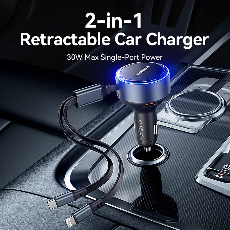 Vention Car Charger with Built-In Cable | FFOB0
