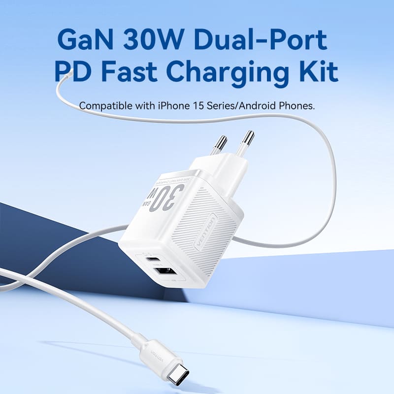 Vention 2-Port USB (C+A) GaN Charger (30W/30W) with USB-C to USB-C Cable | 1M |