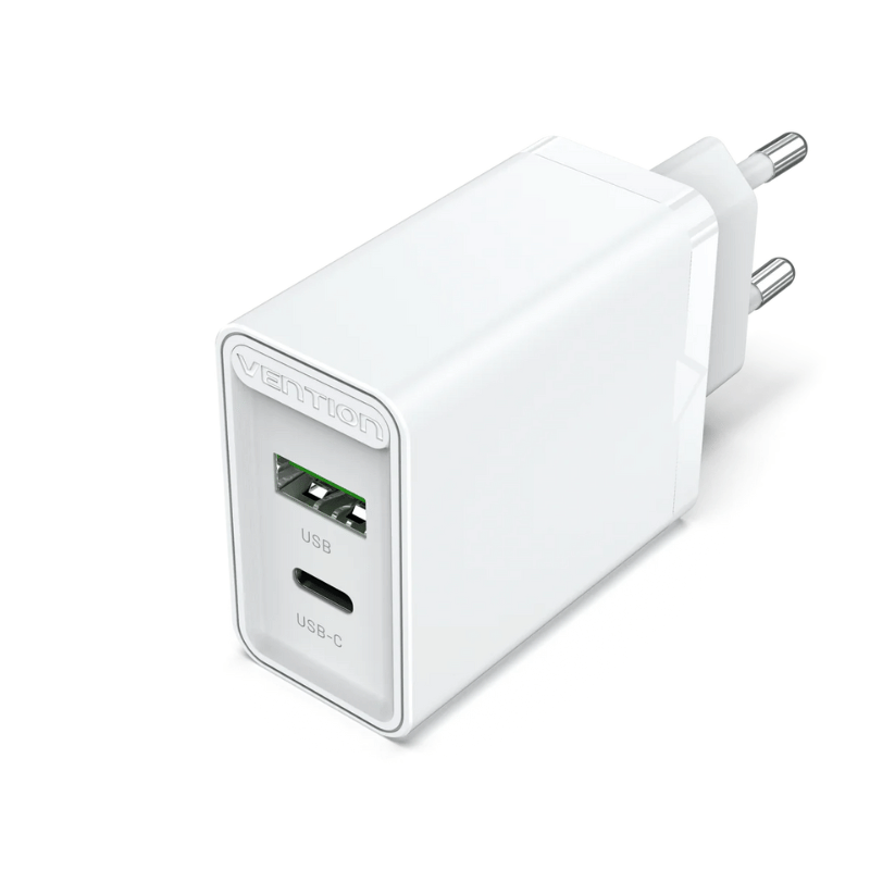 Vention Two-Port USB(A+C) Wall Charger (18W QC 3.0/20W PD ) EU-Plug | Supports Android , Apple Phones & Watches