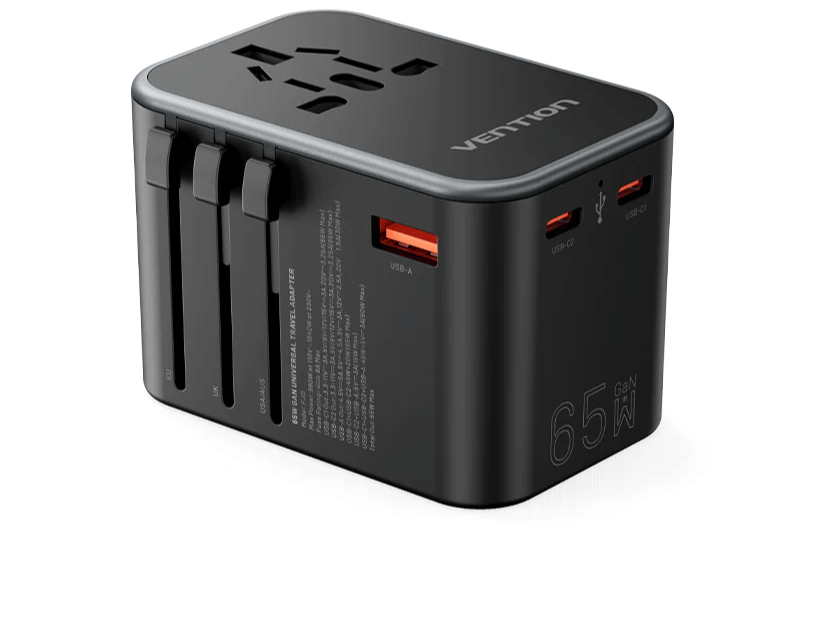 Vention 3-Port USB (C + C + A) GaN Universal Travel Adapter (65W/65W/30W)