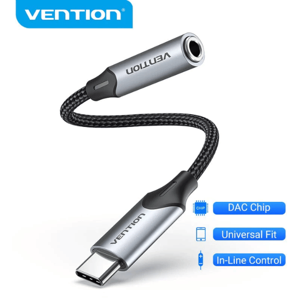 Vention USB-C Male to 3.5MM Earphone Jack With DAC 5 Adapter 1M Gray Aluminum Alloy Type | BGMHF