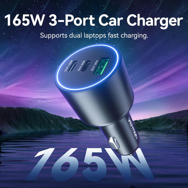 Vention Three-Port USB C+C+A (100W+65W+30W) Car Charger Black ABS Type