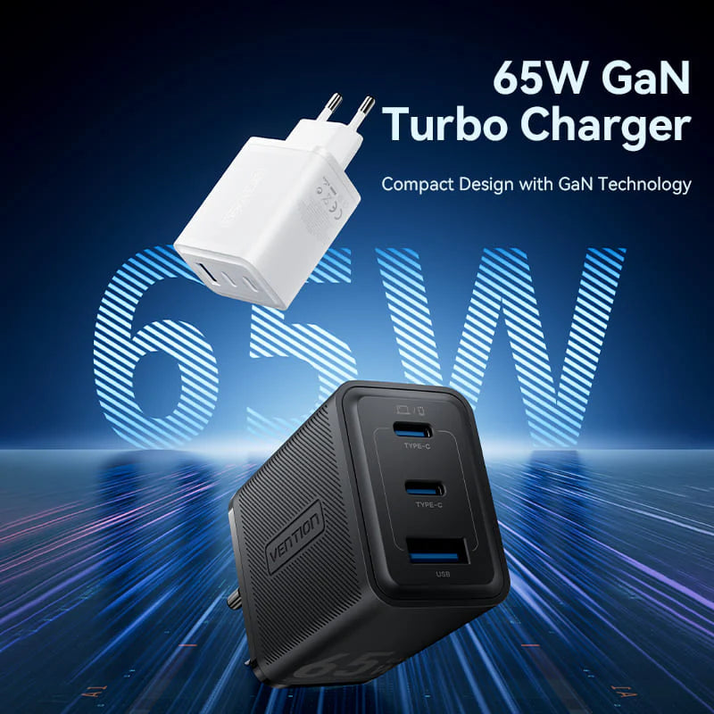 Vention 3-Port USB (C+C+A) GaN Charger (65W/65W/60W) EU-Plug | GaN-III | FERB0-EU