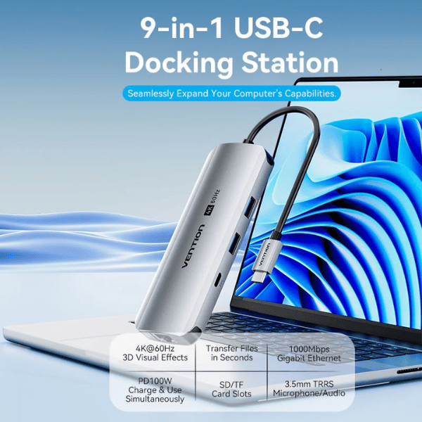 Vention USB-C to HDMI/USB-C GaN 1/USB 3.0 x 2/RJ45/SD/TF/TRRS 3.5mm | PD Docking Station 0.15M Gray Aluminum Alloy Type | TQMHB