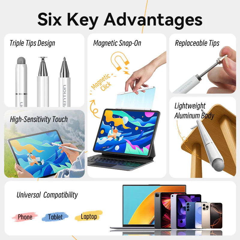 Vention 3-in-1 Magnetic Stylus Pen White Aluminum Alloy Type | KQLW0