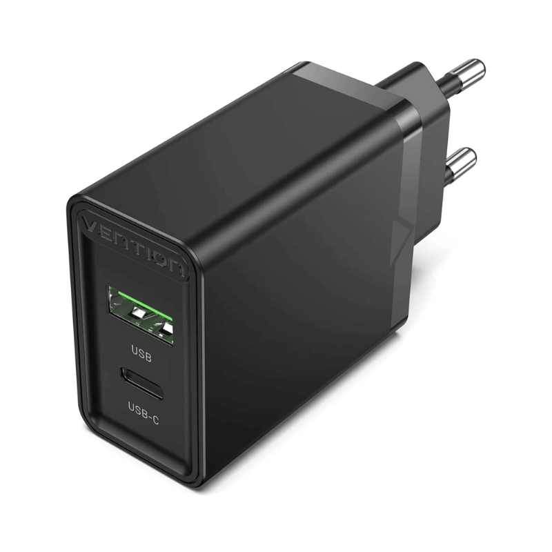 Vention Two-Port USB(A+C) Wall Charger (18W QC 3.0/20W PD ) EU-Plug | Supports Android , Apple Phones & Watches