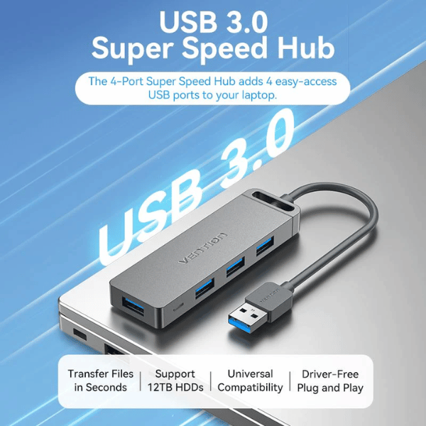 Vention 4-Port USB 3.0 Hub With Power Supply 1M Black | Metal Surface | Gray | CHLBF