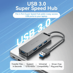 Vention 4-Port USB 3.0 Hub With Power Supply 1M Black | Metal Surface | Gray | CHLBF