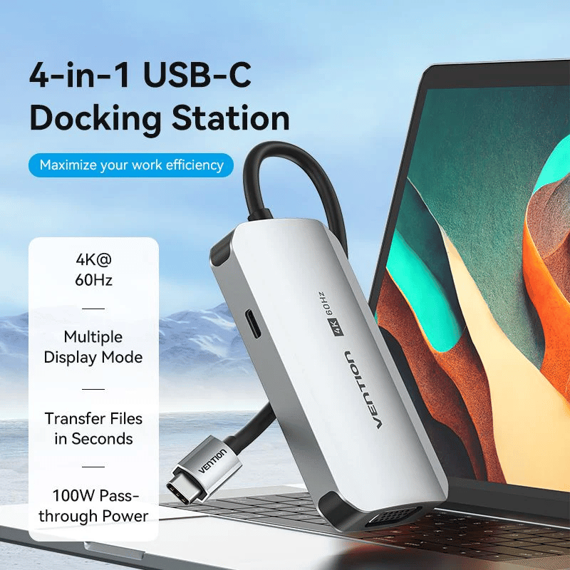 Vention USB-C to HDMI/VGA/USB 3.0/PD Docking Station 0.15M Gray Aluminum Alloy Type | TQAHB