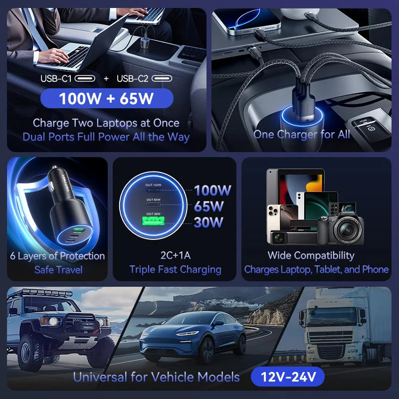 Vention Three-Port USB C+C+A (100W+65W+30W) Car Charger Black ABS Type