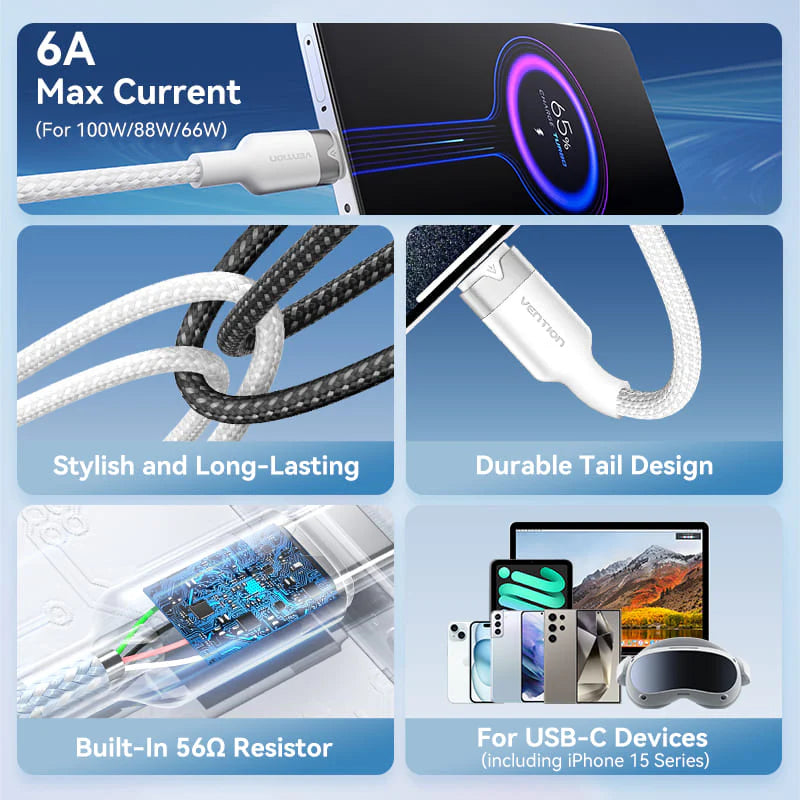 Vention USB 2.0 A Male to C Male | CTOWF Cable | 6A Output | 1M