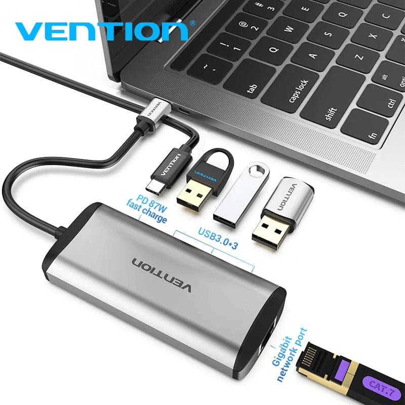 Vention Type-C to USB 3.0*3/Gigabit Ethernet/PD Hub 0.15M Gray Metal Type | TGDHB