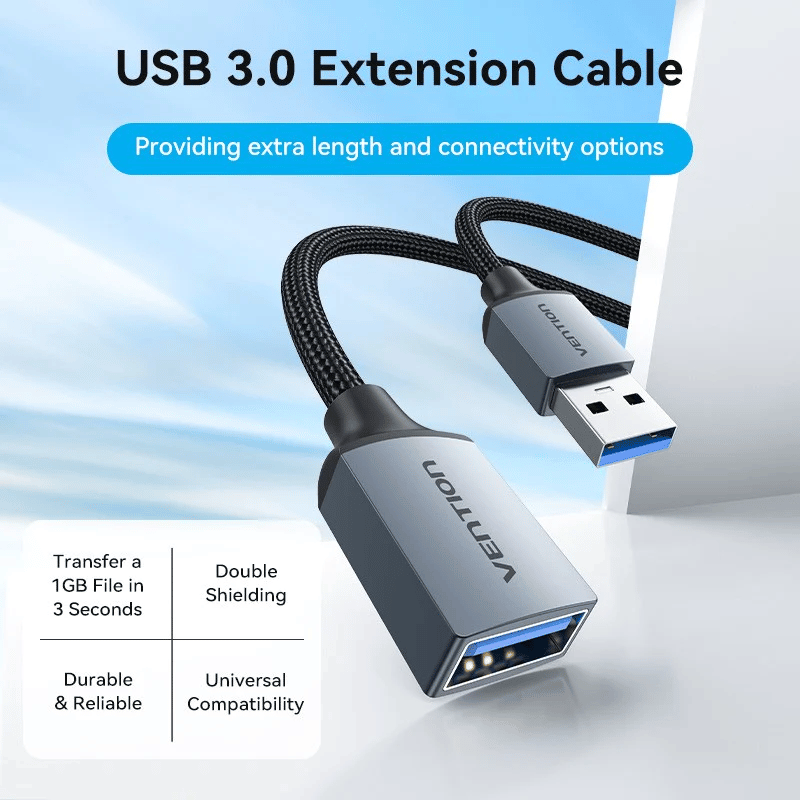 Vention Cotton Braided USB 3.0 Type A Male to Female Extension Cable 3M Gray Aluminum Alloy Type | CBLHI