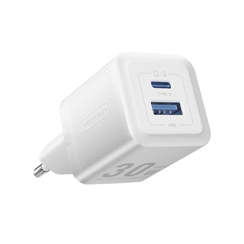 Vention 2-Port USB (C + A) GaN Charger (30W/30W) | EU-Plug | Compatible Android & iOS