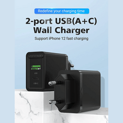 Vention Two-Port USB(A+C) Wall Charger (18W QC 3.0/20W PD ) EU-Plug | Supports Android , Apple Phones & Watches